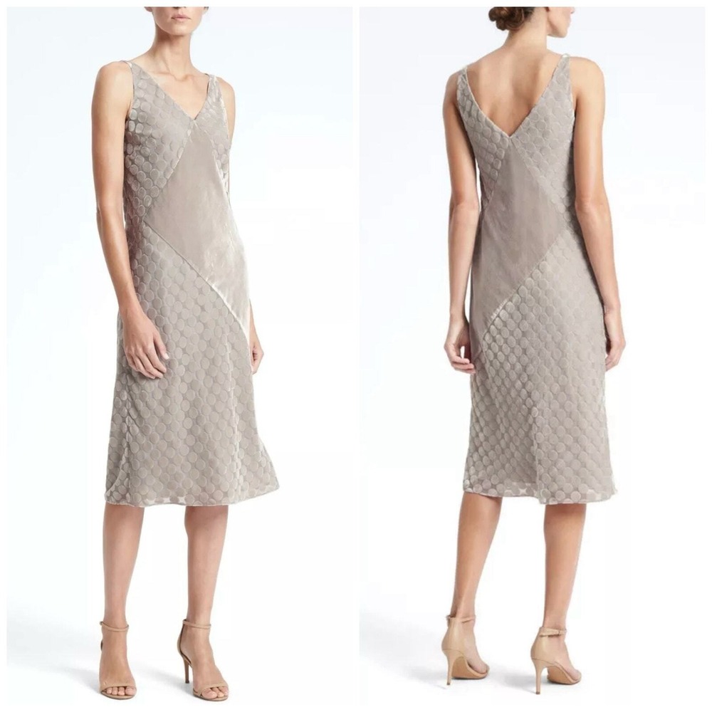 Banana Republic Heritage Collection Velvet Polka Dot‎ Midi Dress Taupe Womens 2